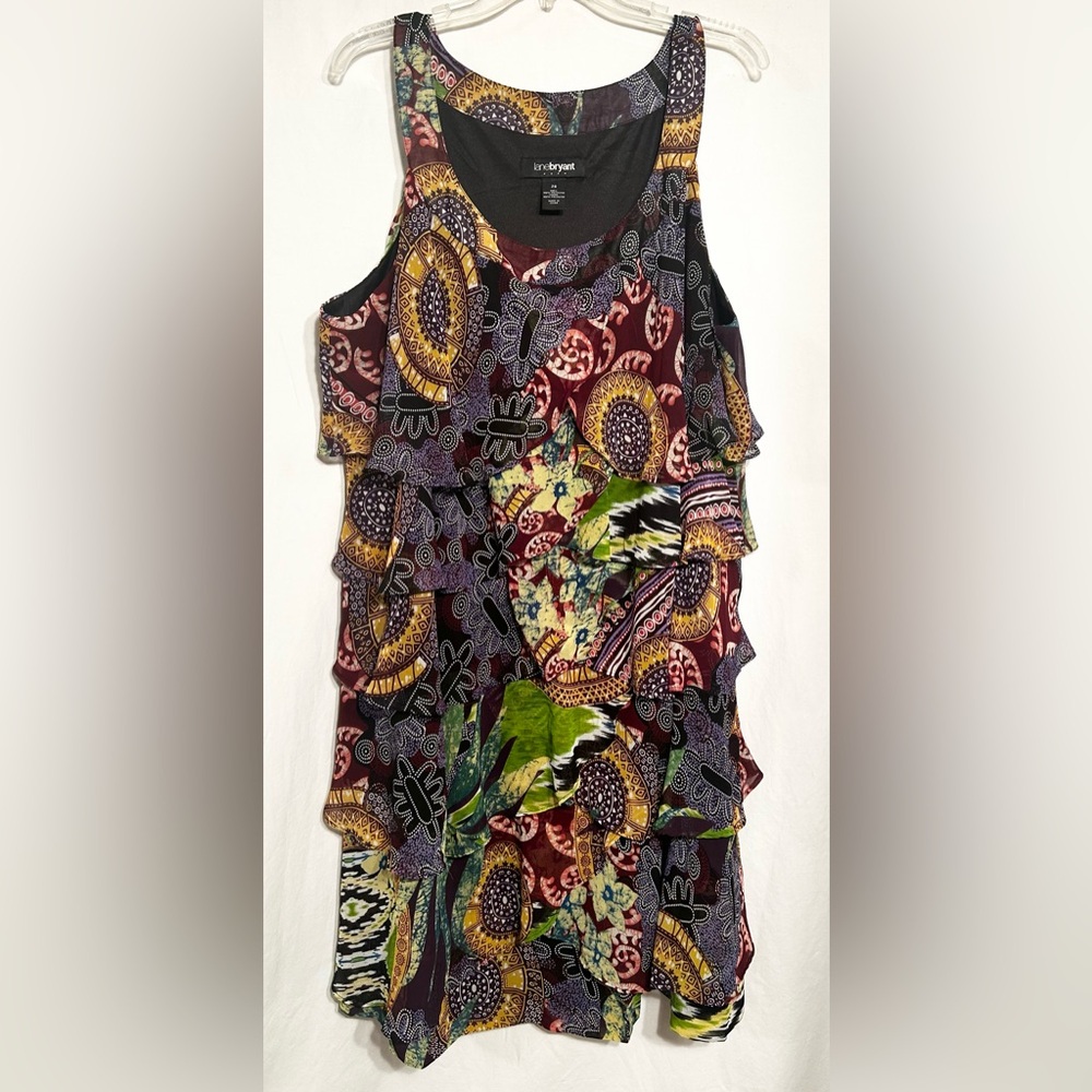 WOMENS 28 LANE BRYANT TIERED LAYERED RUFFLED LINED SLEEVELESS MULTI PRINT DRESS